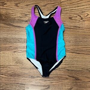 Speedo Black Swimsuit with Purple and Blue Accents